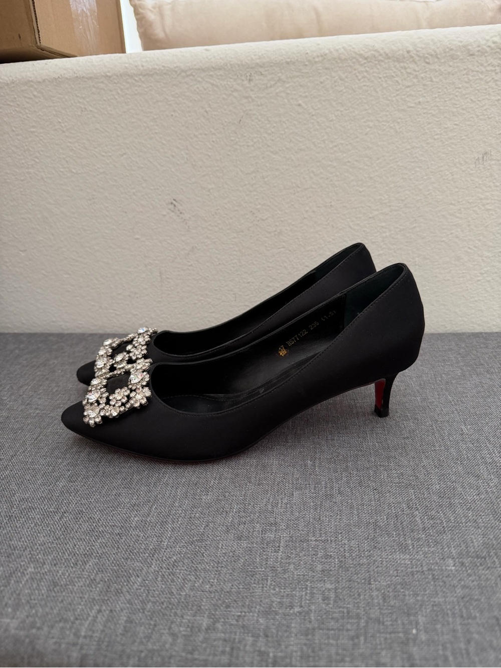 Black Satin Pointed Heels with Crystal Floral Buckle - Picture 3 of 3